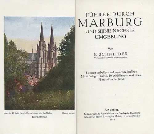 Hessen Marburg Schloss Universität Pharus Stadtplan Jugendstil Reiseführer 1914