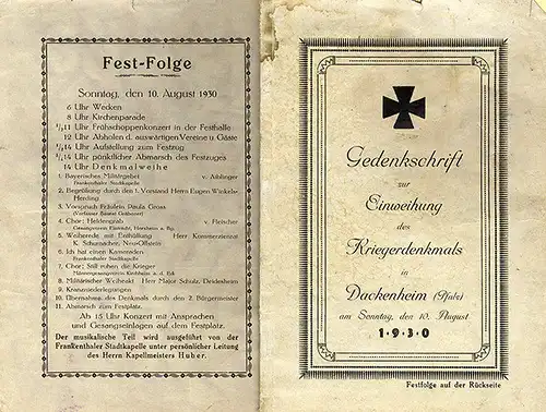 Rheinland Pfalz Grünstadt Dackenheim Krieger Denkmal Weihe Festschrift 1930