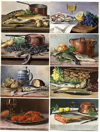 Gedeckter Cuisine Tisch Fisch Meerestiere Stilleben 8 Künstler Postkarten 1910