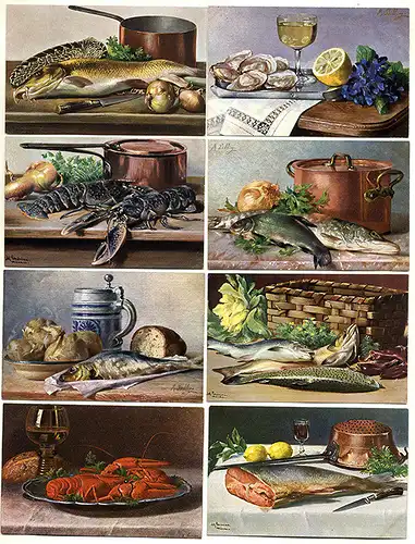 Gedeckter Tisch Cuisine Fisch Meerestiere Stilleben 8 Künstler Postkarten 1910