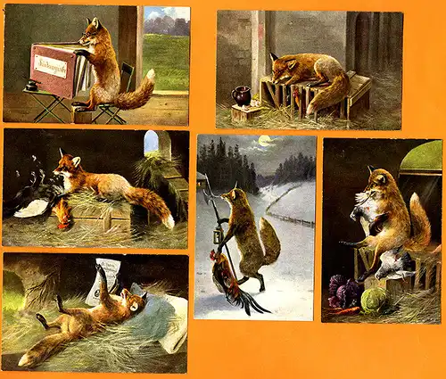Tiere als Menschen Reinecke Fuchs 6 Bilder Künstler Postkarten um 1900