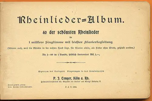 Rheinland Lieder Buch Album mit Noten Singstimme und Klavier um 1900