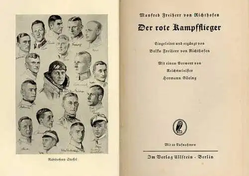 Deutschland Weltkrieg Flugzeug der Rote Baron Richthofen Gedenkbuch 1933