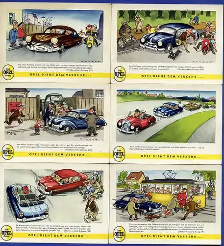 Auto Werbung Reklame Opel im Straßenverkehr 12 farbige Postkarten 1955