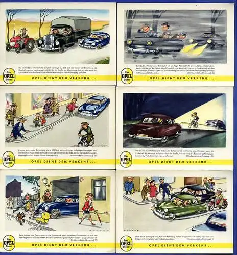 Auto Werbung Reklame Opel im Straßenverkehr 12 farbige Postkarten 1955