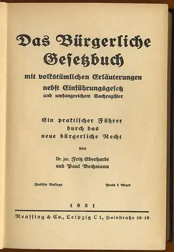 Deutsches Reich Recht Ehe Familie Erbe Schulden Bürgerliches Gesetzbuch 1931