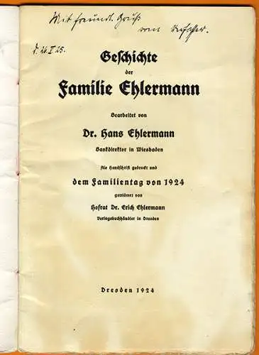 Niedersachsen Wiesbaden Genealogie Ahnenforschung Familie Ehlermann Buch 1924