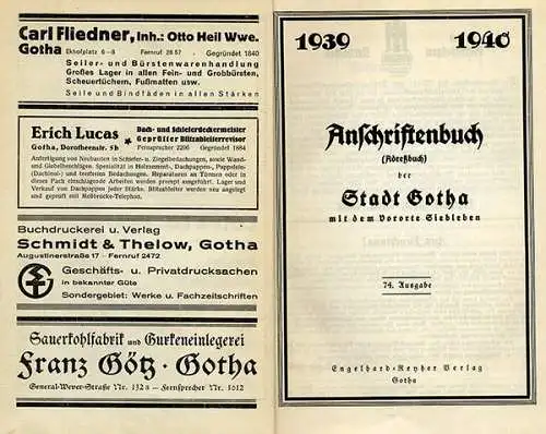 Thüringen Handel Wirtschaft Einwohner Adressbuch Gotha mit Siebleben 1940