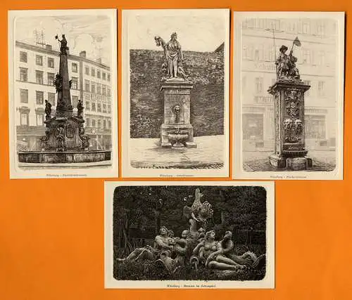 Bayern Main Franken Würzburg alte Wasser Brunnen 12 Künstler Postkarten 1920