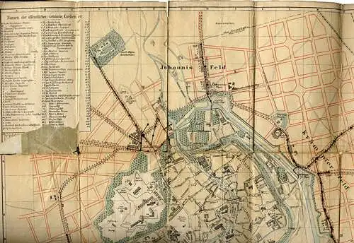 Thüringen Alt Erfurt Innenstadt farbiger Stadtplan Straßen Gebäude 1881