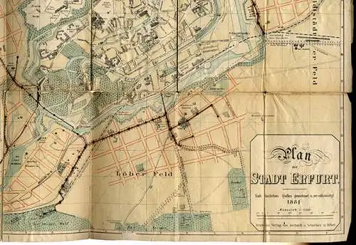 Thüringen Alt Erfurt Innenstadt farbiger Stadtplan Straßen Gebäude 1881