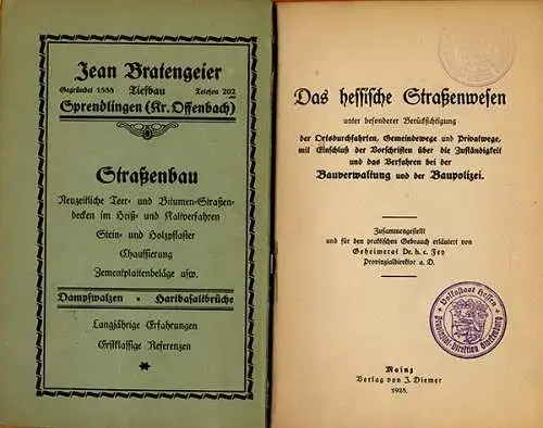 Hessen Straßenverkehr Gesetz Straßen Wege Ordnung Baupolizei Vorschriften 1928