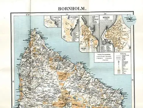 Dänemark Ostsee Insel Bornholm Rönne Sandvig Nexö Alte Landkarte 1950