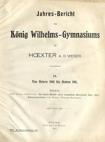 Kaiser Wilhelm Gymnasium Höxter Stadt Geschichte Oranische Herrschaft Buch 1911