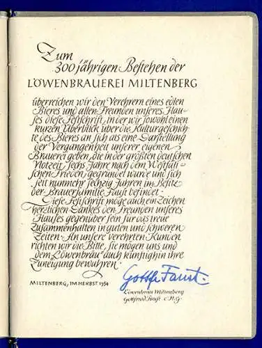 Bayern Main 300 Jahre Löwen Bier Brauerei Miltenberg Festschrift Chronik 1954