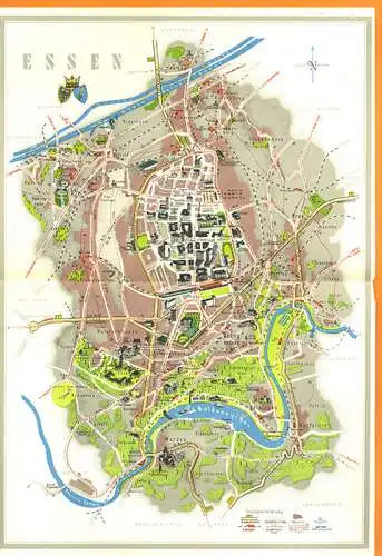 Westfalen Ruhr Essen Tourismus Stadtplan Sehenswürdigkeiten Faltplan 1960