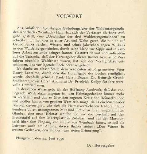 Hessen Pfungstadt Waldenser Gemeinden Rohrbach Wembach Hahn Geschichte Buch 1950