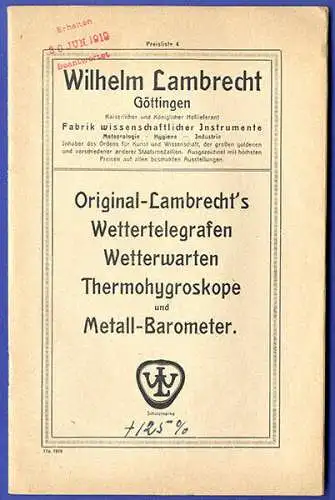 Göttingen Lambrecht Wetter Telegrafen Barometer Katalog Preisliste 1919
