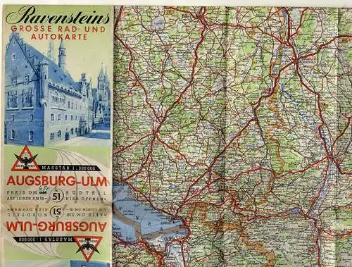 Alte Landkarte Ravenstein Auto Straßen Karte Bayern Donau Augsburg Ulm 1951