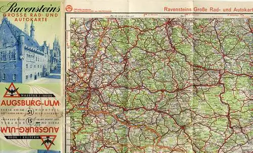Alte Landkarte Ravenstein Auto Straßen Karte Bayern Donau Augsburg Ulm 1951