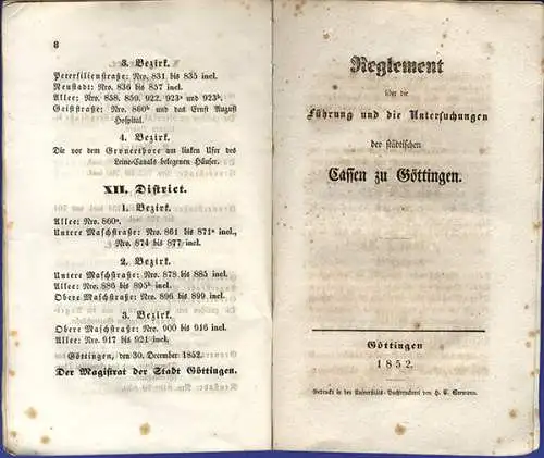 Niedersachsen Harz Stadt Gemeinde Göttingen Orts Statut + Kassen Reglement 1853