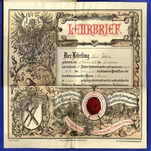 Berlin Handwerkskammer Schmied Innung Gesellenbrief mit Siegel Zeugnis 1899