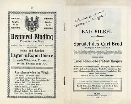 Hessen Wetterau Bad Vilbel Wasser Heilquelle Carl Brod Sprudel Analyse 1914