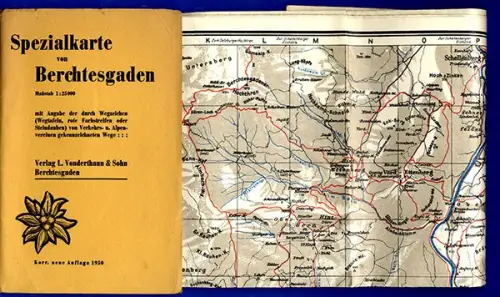 Bayern Alpen Berchtesgaden Hallein Königs See Spezial Wanderwege Karte 1950