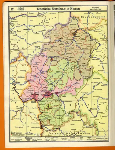 Hessen Geografie Heimatkunde Städt Landschaft Wirtschaft alter Schulatlas 1960