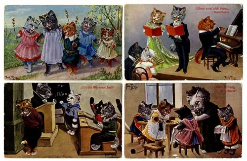 Katzen als Menschen 10 farbige Künstler Postkarten signiert Arthur Thiele