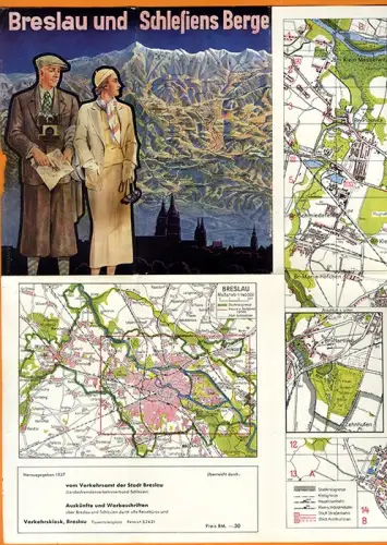 Schlesien Breslau Stadtplan Straßenverzeichnis Farb Panorama Falt Prospekt 1937