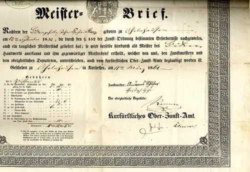 Altes Handwerk Bäcker Meisterbrief Ober Zunft Amt Kurhessen 1861