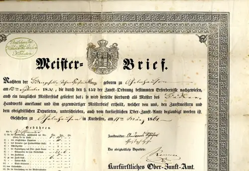 Altes Handwerk Bäcker Meisterbrief Ober Zunft Amt Kurhessen 1861