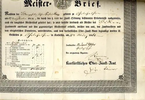 Altes Handwerk Bäcker Meisterbrief Ober Zunft Amt Kurhessen 1861