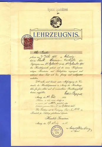 Deutsch Böhmen Sudeten Handels Schule Aussig Kaufmann Lehrbrief Zeugnis 1933
