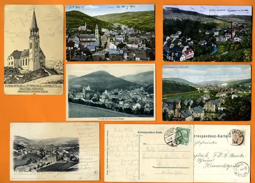 Erzgebirge Böhmen Grasslitz 12 alte Postkarten 3 Kronen Geldscheine 1910