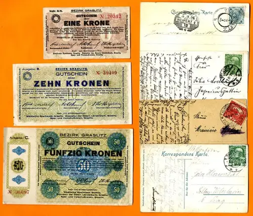 Erzgebirge Böhmen Grasslitz 12 alte Postkarten 3 Kronen Geldscheine 1910