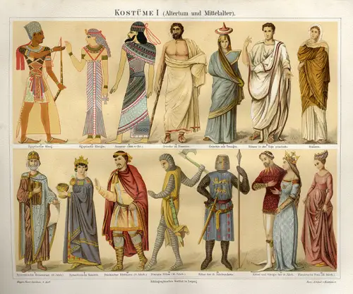 Antike Mittelalter Barock Mode Kleider Kostum 3 alte Farblitho Tafeln um 1895
