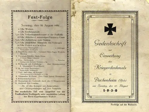 Rheinland Pfalz Grünstadt Dackenheim Krieger Denkmal Weihe Festschrift 1930