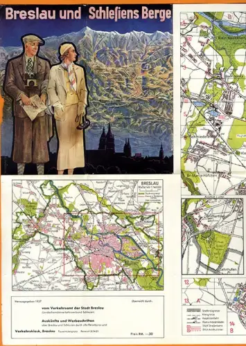 Schlesien Breslau Stadtplan Straßenverzeichnis Farb Panorama Falt Prospekt 1935