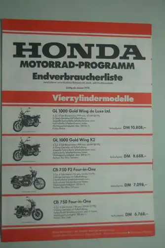 Honda: Honda Motorrad-Programm Preisliste 01/1978