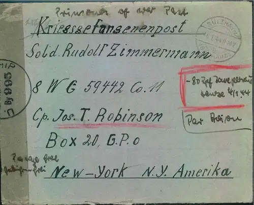 1944: Luftpostbrief in die USA mit handschriftlicher Luftpost-Taxe ""80"" ab SÜLZHAYN (SÜDHARZ) b 24.1.44. Brief mit Inh