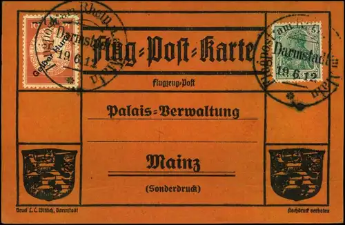 1912: ""Gelber Hund"" mit 5 Pfg. Germania auf orangener Sonderkarte ab DARMSTADT 19.6.12.Karte leichter Bug im unteren D