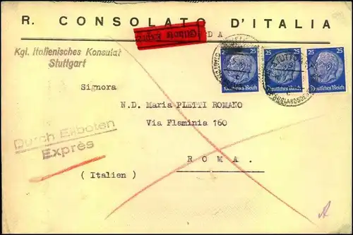 1940: Expressbrief des Italienischen Konsulats Stuttgart (Consulato d´Italia) nach Rom. Unzensiert - Diplomatenpost