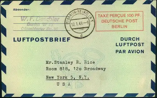 1949: 100 Pfg. Luftpostleichtbrief adressiert nach USA, gestempelt (1) BELRIN-NEUKÖLLN 1. Ohne Inhalt.