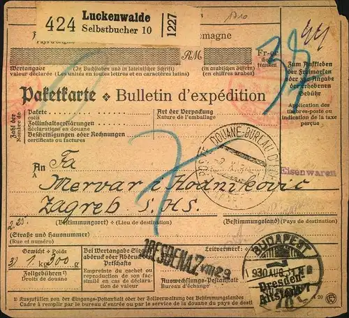 1930, BRANDENBURG, LUCKENWALDE, Selbstbucher Paketkarte