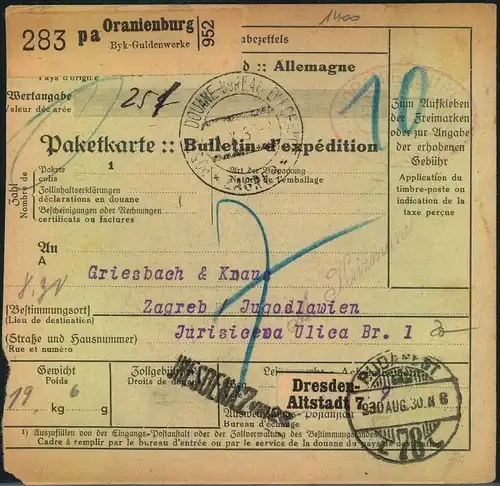 1930, BRANDENBURG, ORANIENBURG, Selbstbucher Paketkarte