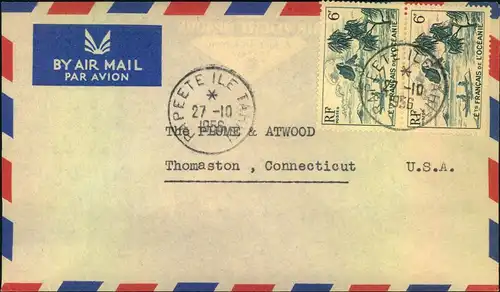 1956, letter with multiple franking from PAPEETE ILE TAHITI to USA.