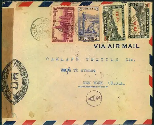 1945, cesored letter from ABIDJAN with mixed franking to New York.