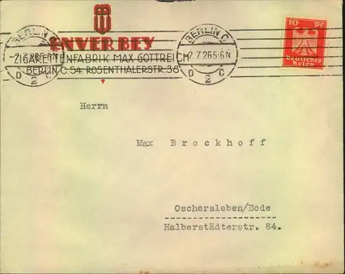 1926, toller Firmen-Werbebrief,  Reklame, Tabak, ENVERBEY Zigarettenfabrik Max Gottreich